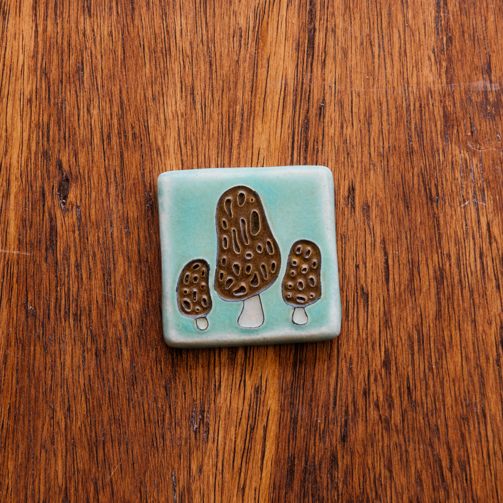 A tile depicting a line-drawn trio of brown Morel mushrooms on a light sea foam-glazed background. 