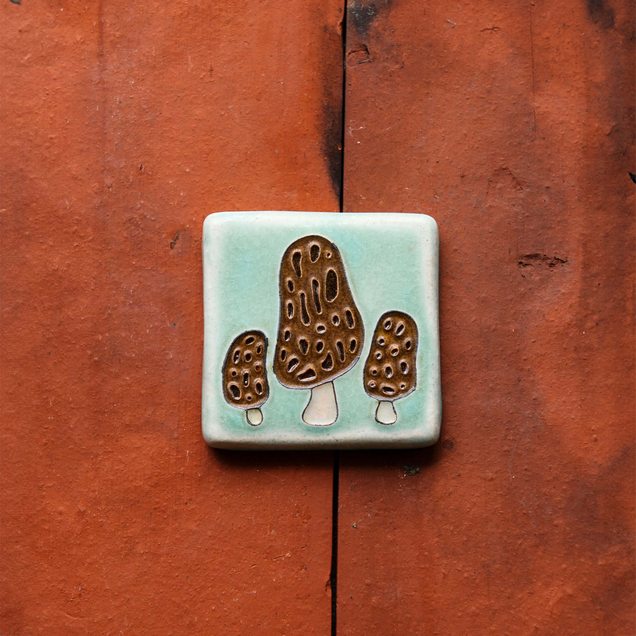 A tile depicting a line-drawn trio of brown Morel mushrooms on a light sea foam-glazed background. 