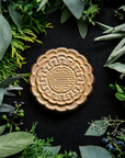 A Mooncake Paperweight in shimmering Blush Iridescent surrounded by cool greenery and delicate concord grapes. 