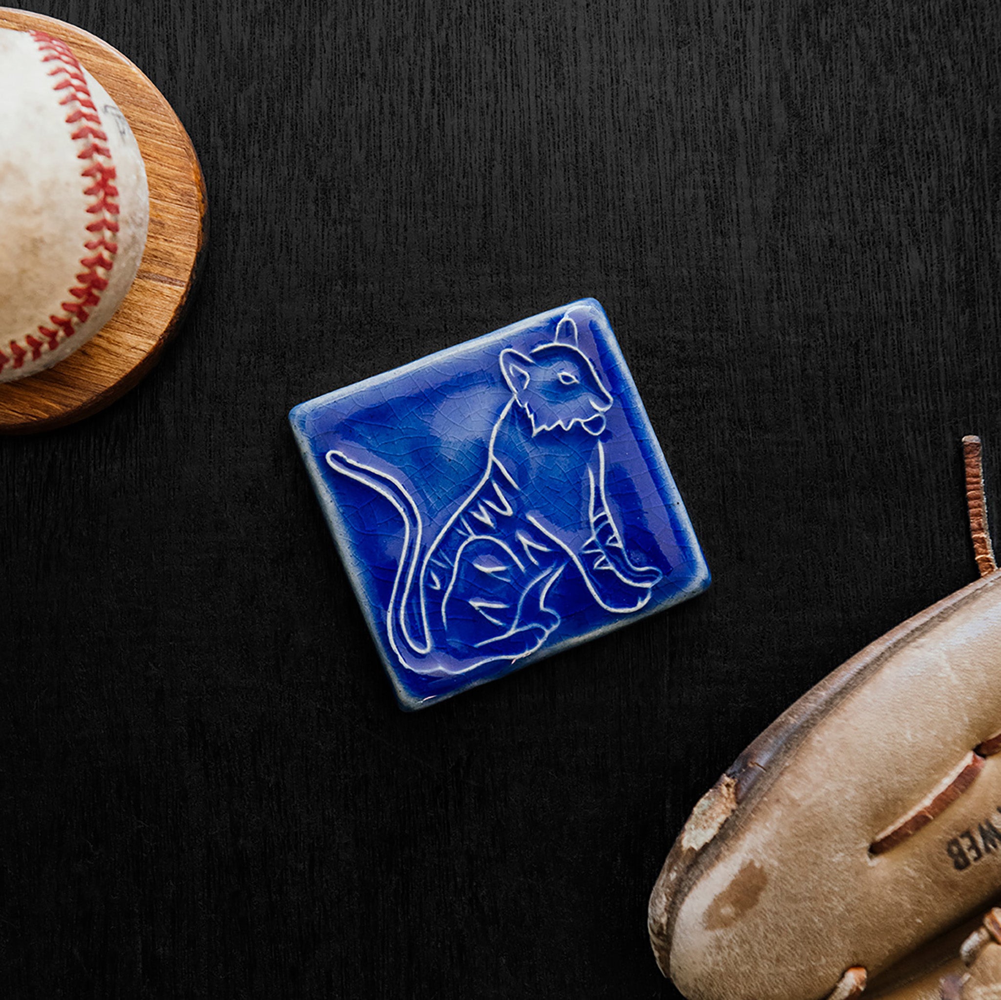 Glossy blue 3x3 Tigers Tile on a black wood background with a baseball and glove.