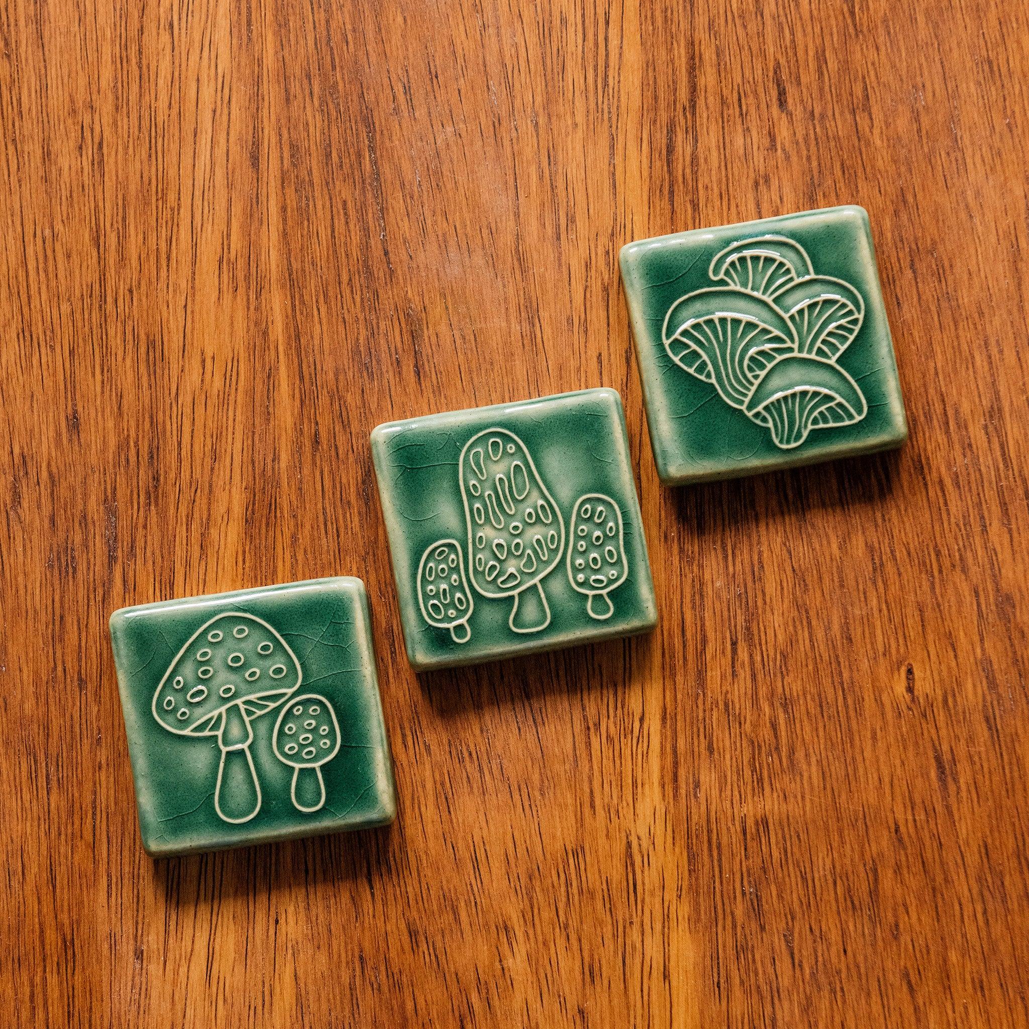 The Amanita tile sits with the other tiles in this mushroom series, the Morel Tile and the Oyster Mushroom Tile.