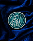 This ceramic Blessed Virgin Mary Tile is glazed in a pale blue, glossy Glacier glaze. 