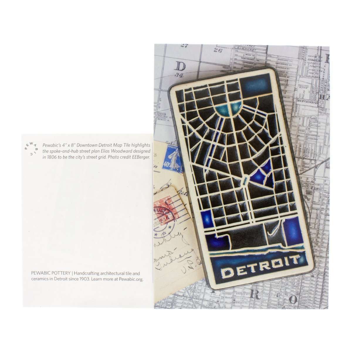 Ceramic Pewabic Downtown Detroit Map Tile Postcard